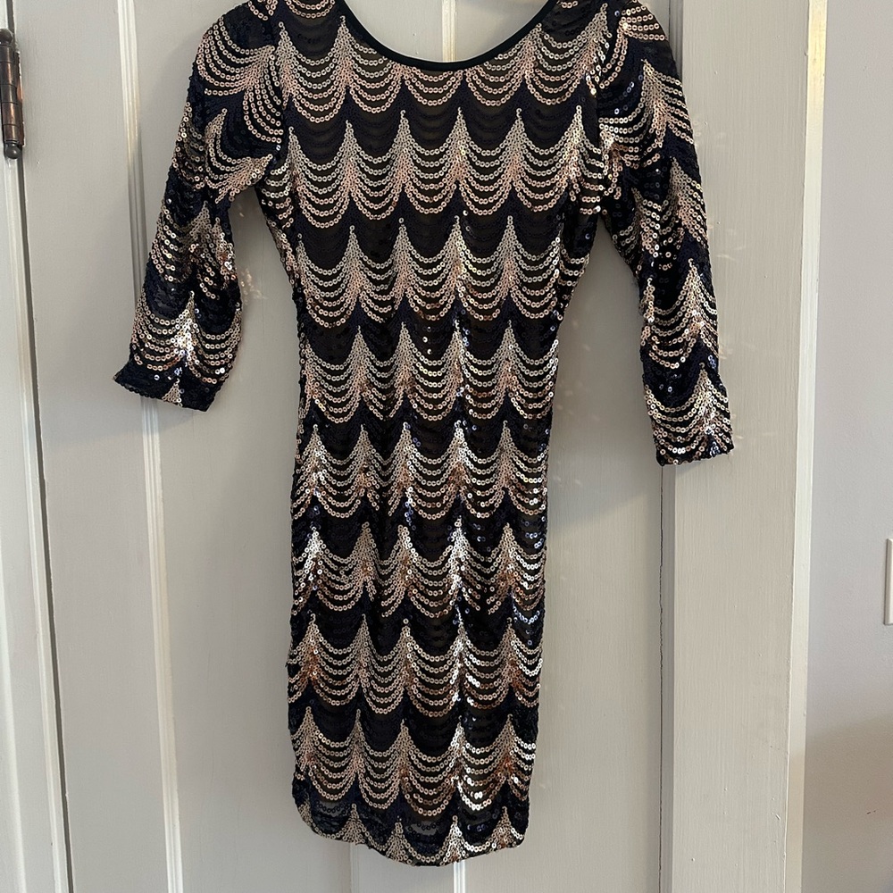 2B Bebe Black Gold Sequin Bodycon Mini Dress